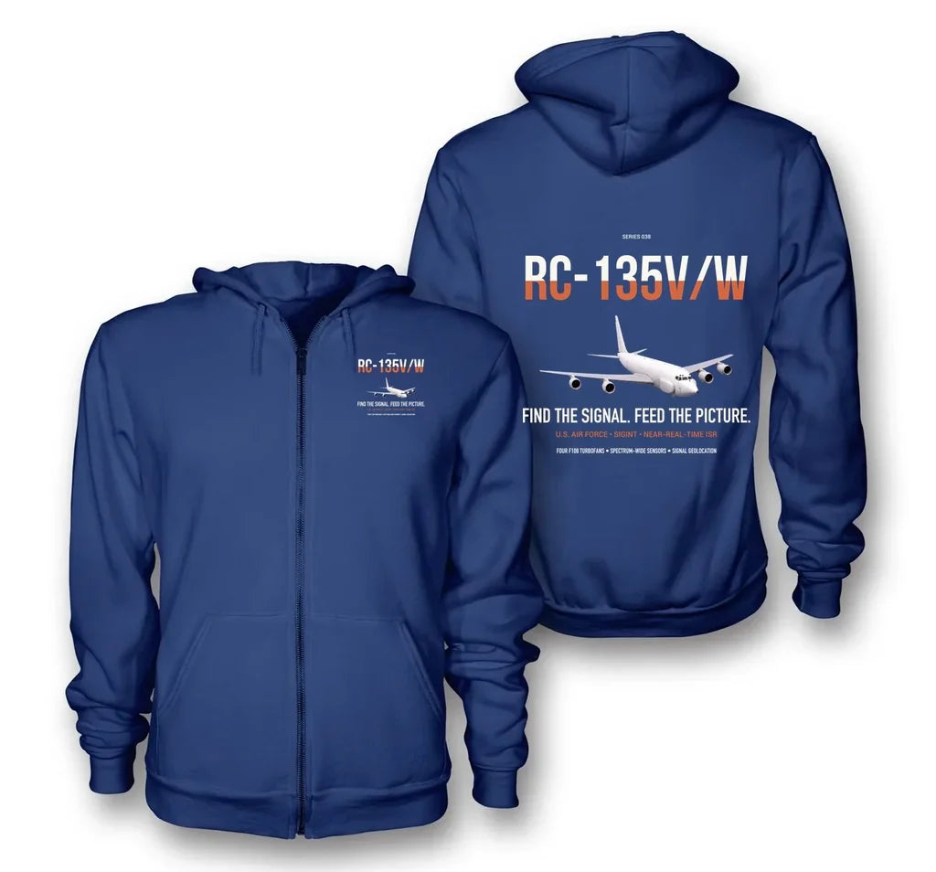RC-135V W Rivet Joint design on blue premium zipped hoodie, double-side print