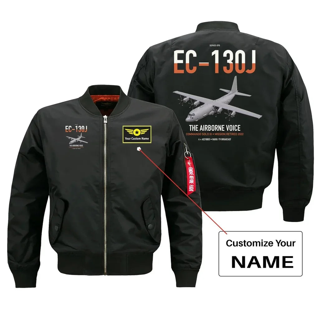 EC-130J Commando Solo III design on black+name bomber jacket, double-side print