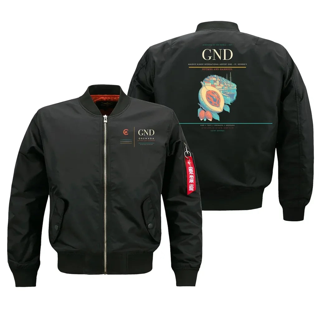 Maurice Bishop International Airport (GND) design on black bomber jacket