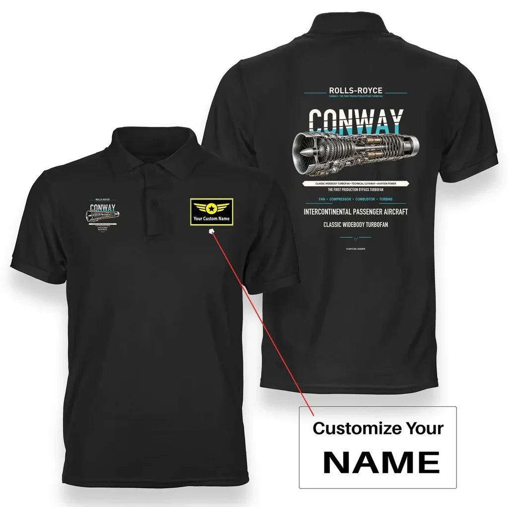 CONWAY design on black polo with custom name badge