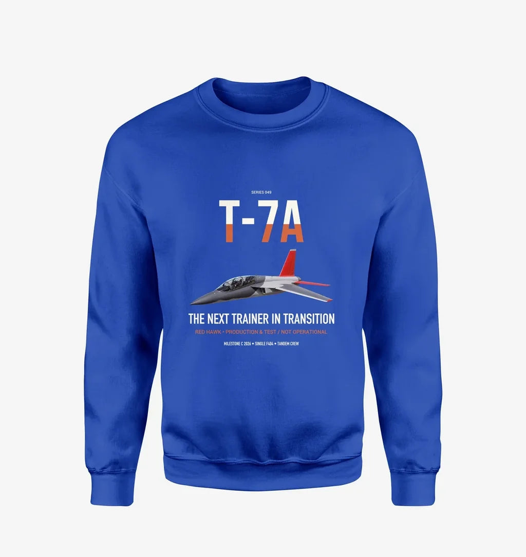 T-7A Red Hawk design on blue sweatshirt