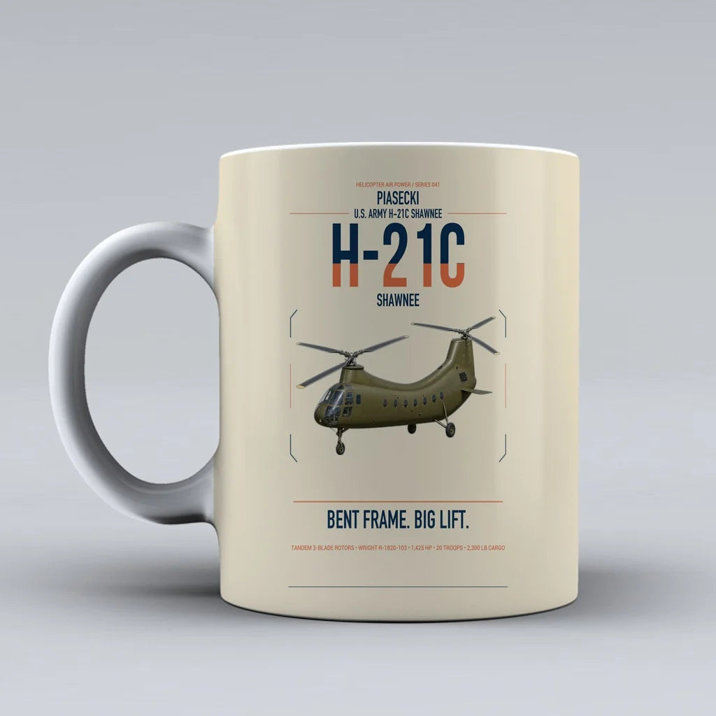 Piasecki H-21C Shawnee design on beige ceramic mug, double-side print