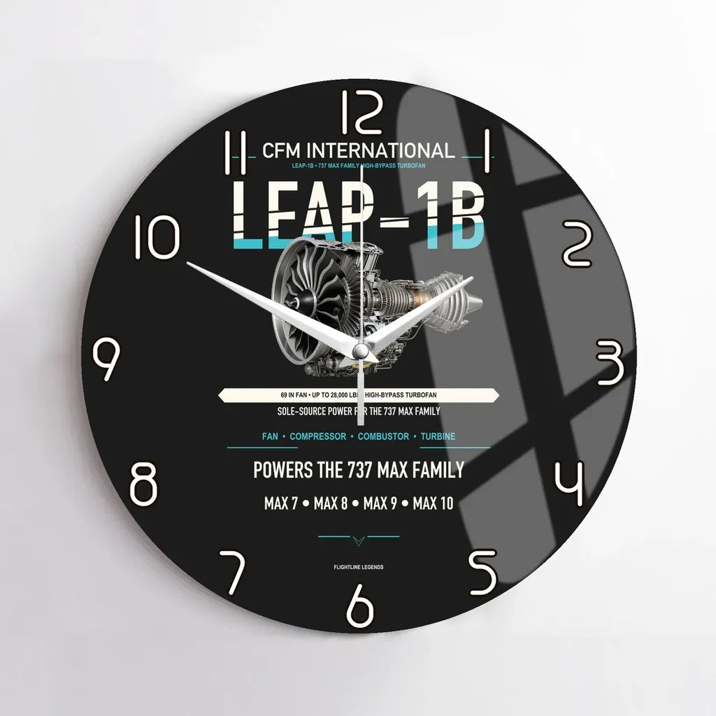 CFM LEAP-1B design on black no frame wall clock