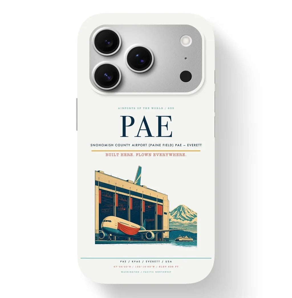 Everett Airport (PAE) design on white iPhone 17 Pro MagSafe case