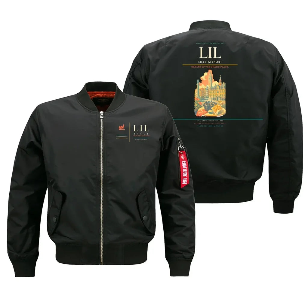 Lille Airport (LIL) design on black bomber jacket