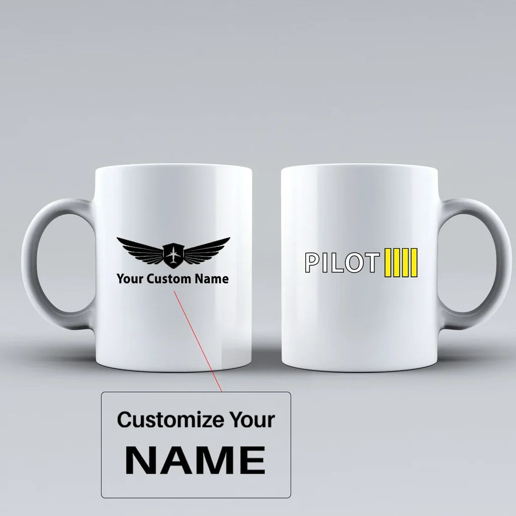 Pilot & Stripes (4 Lines) Ceramic White aviation design on ceramic mug, premium ceramic with glazed finish.