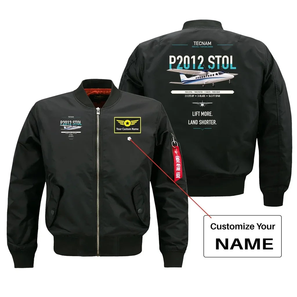 Tecnam P2012 STOL design on black+name bomber jacket, double-side print