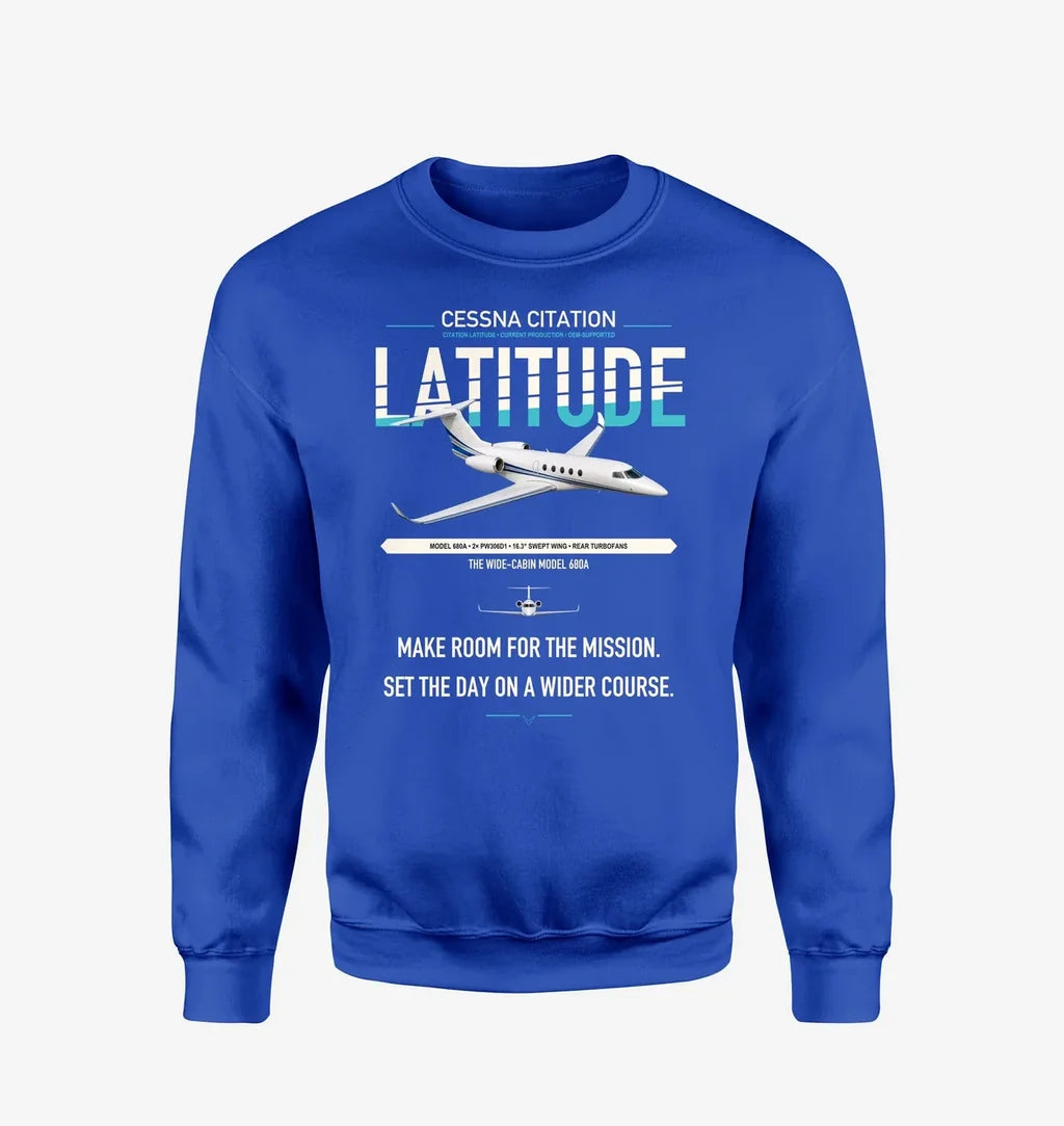 Cessna Citation Latitude design on blue sweatshirt
