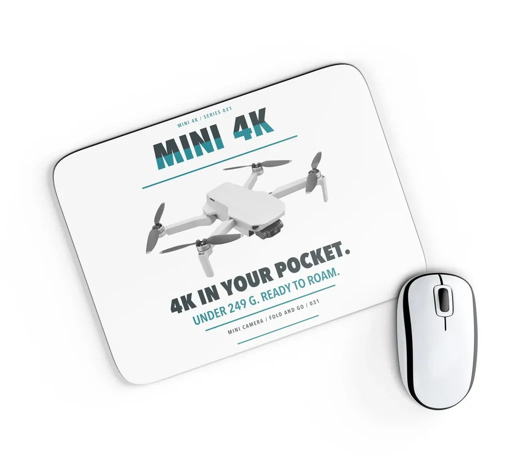 DJI Mini 4K design on white rectangle mouse pad