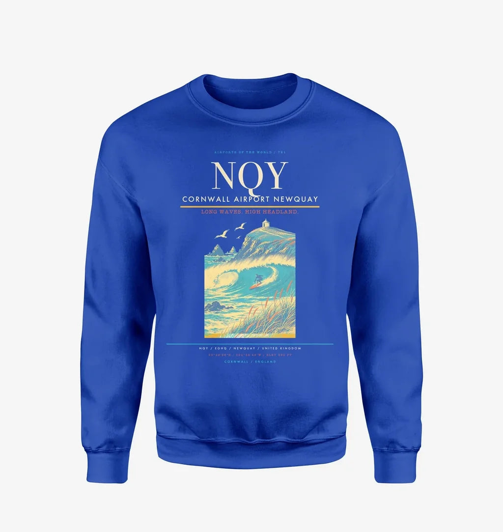 Cornwall Airport Newquay (NQY) design on blue sweatshirt