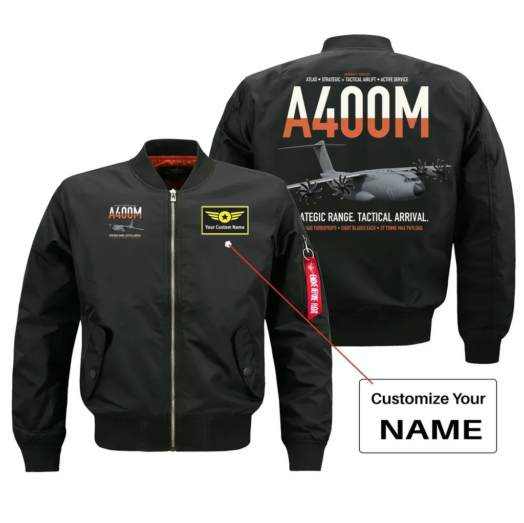 Airbus A400M Atlas design on black+name bomber jacket, double-side print