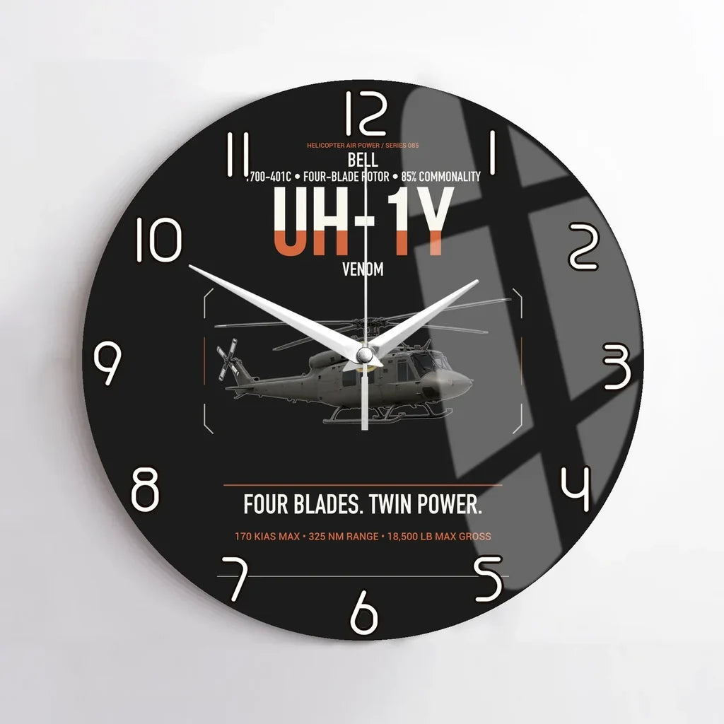 Bell UH-1Y Venom design on black no frame wall clock