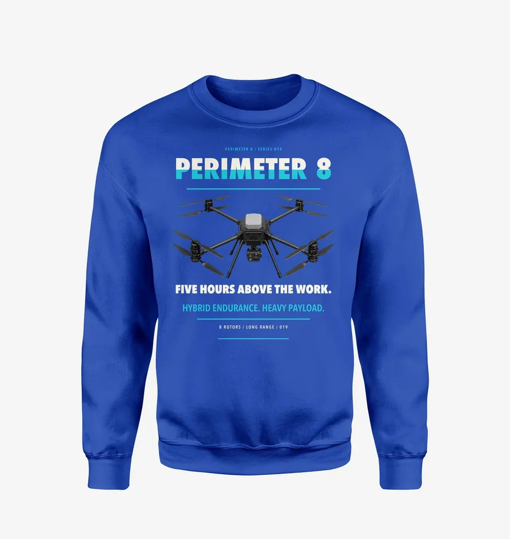 Skyfront Perimeter 8 design on blue sweatshirt