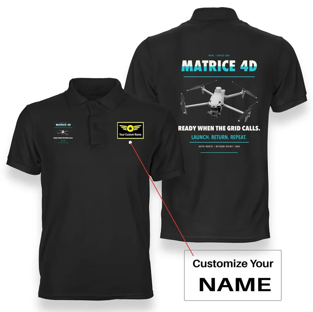 DJI Matrice 4D design on black polo with custom name badge