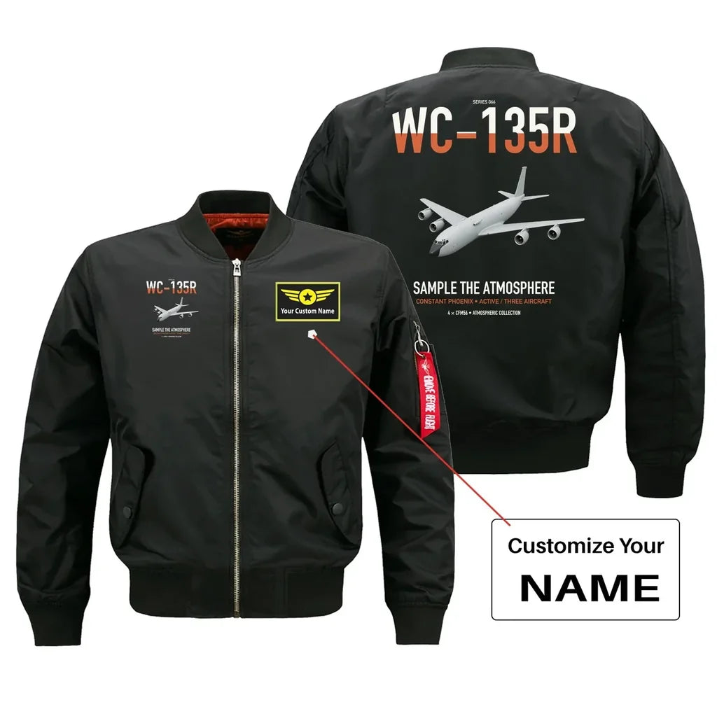 WC-135R Constant Phoenix design on black+name bomber jacket, double-side print
