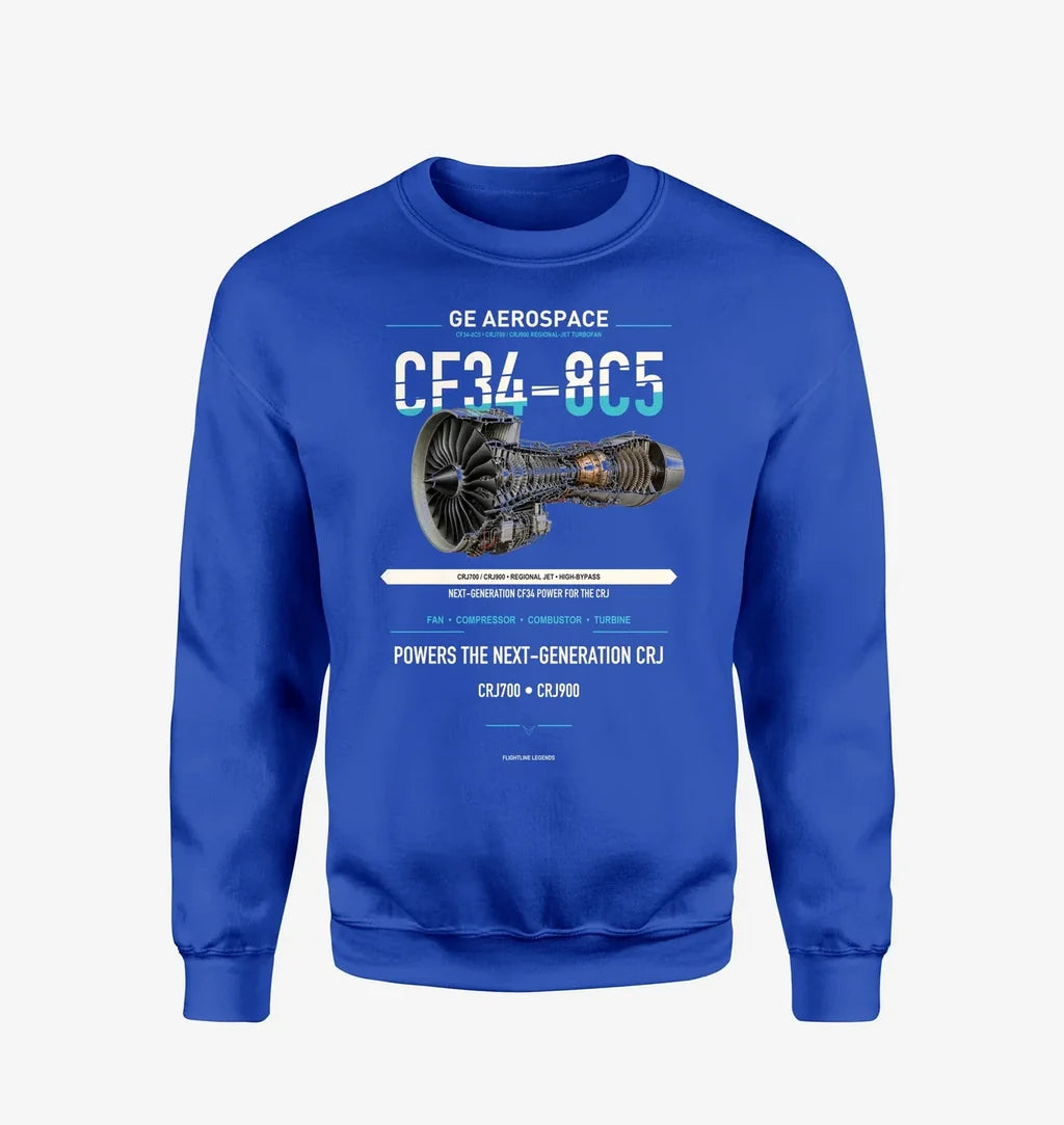 CF34-8C5 design on blue sweatshirt