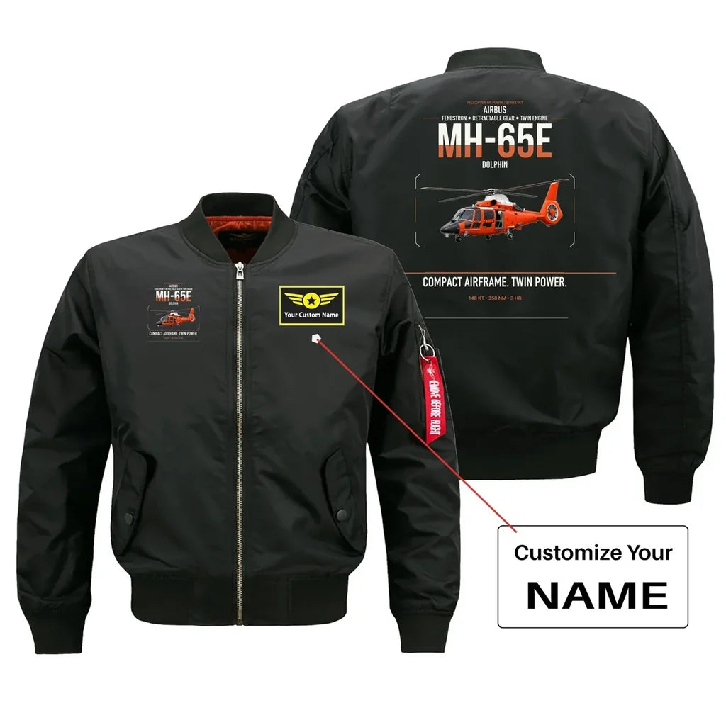 Airbus MH-65E Dolphin design on black+name bomber jacket, double-side print