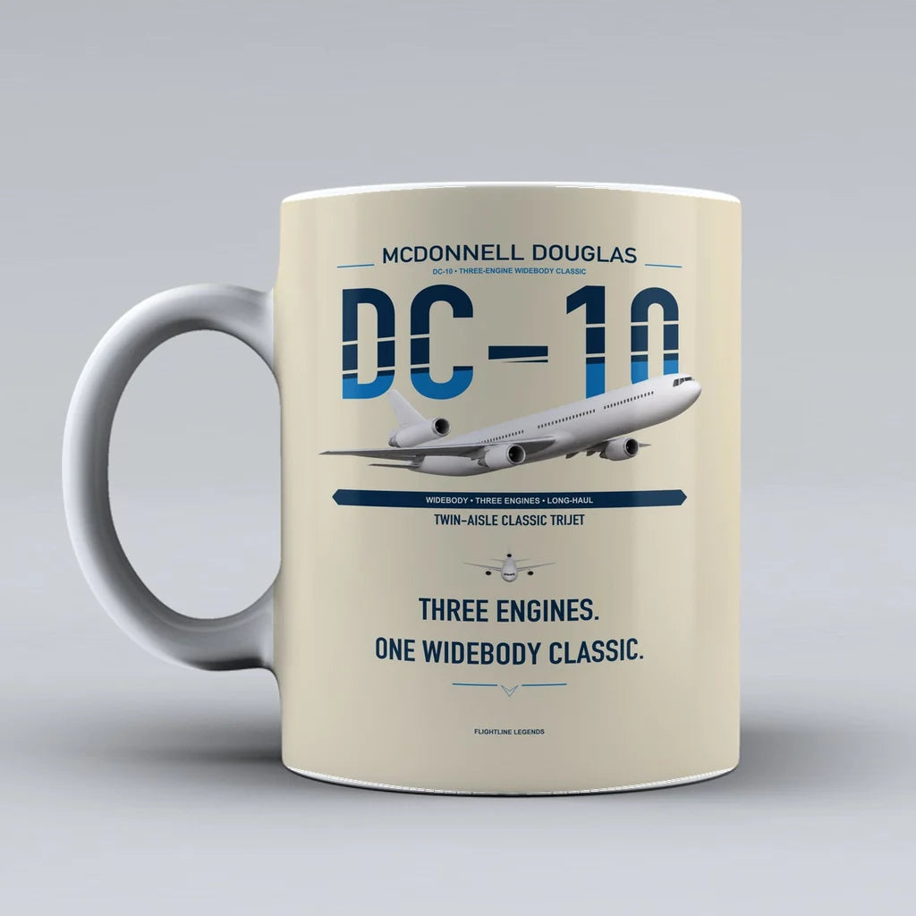 McDonnell Douglas DC-10 design on beige ceramic mug, double-side print