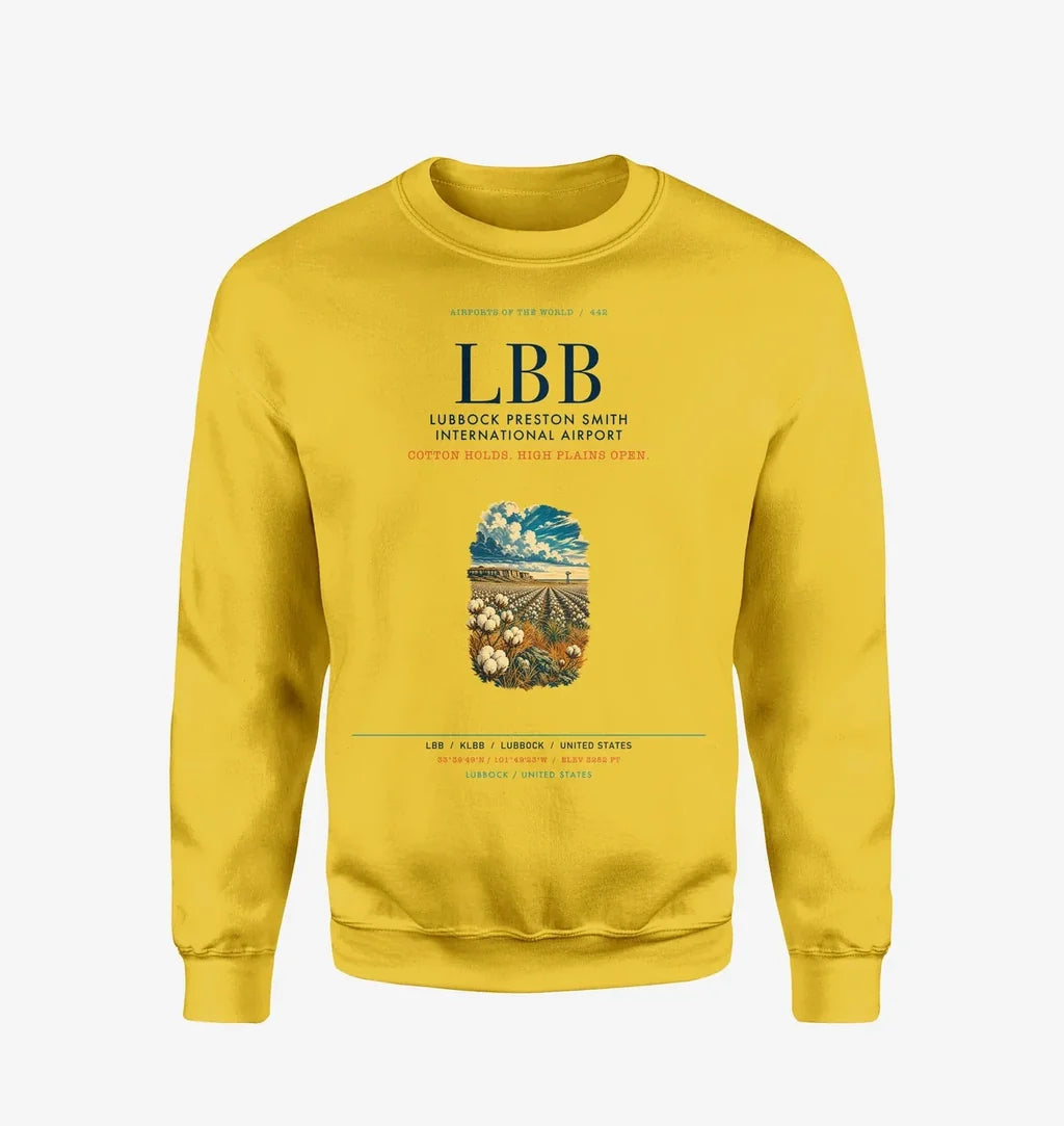 Lubbock Preston Smith International Airport (LBB) design on yellow sweatshirt