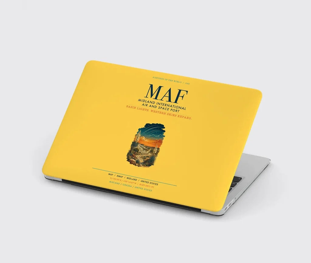 Midland International Air and Space Port (MAF) design on yellow MacBook case