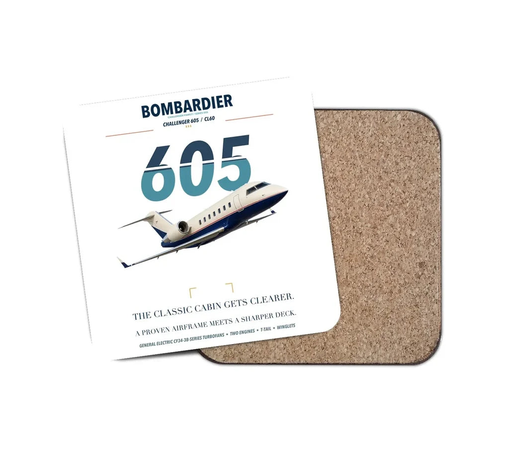 Bombardier Challenger 605 design on white 1 piece coaster