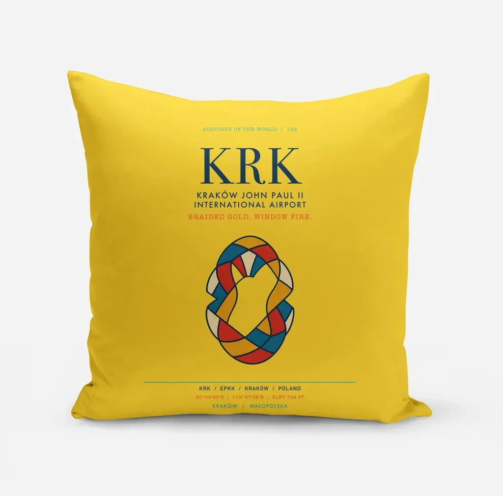 Kraków John Paul II International Airport (KRK) design on yellow pillow