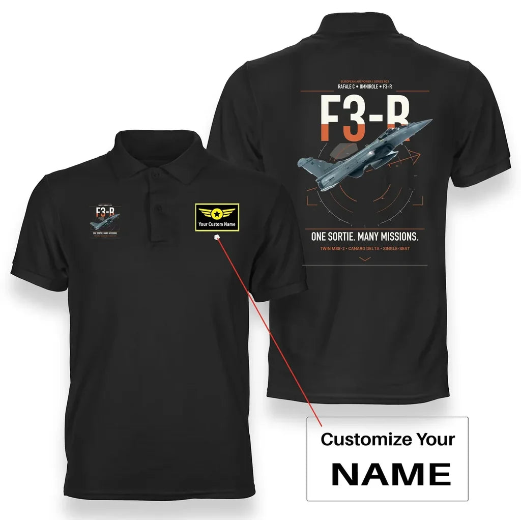 Dassault Rafale C — F3-R standard design on black+name double-side polo t-shirt, double-side print