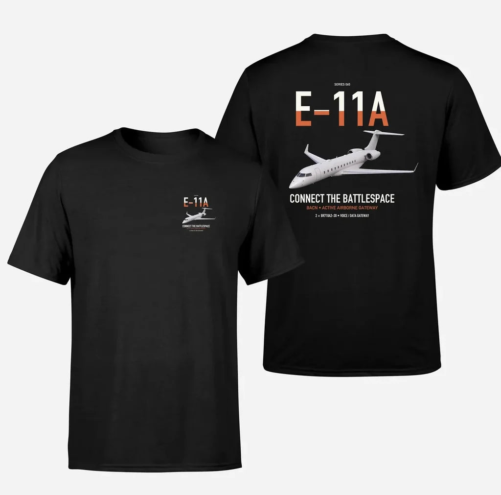 E-11A BACN design on black double-side t-shirt, double-side print
