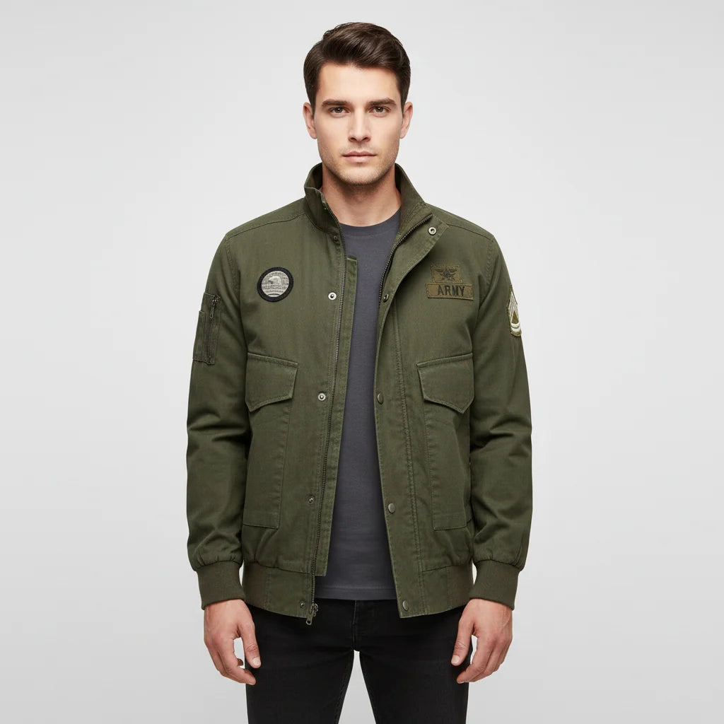 US Air Force aviation design printed on padded shell with classic pilot styling pilot jacket.