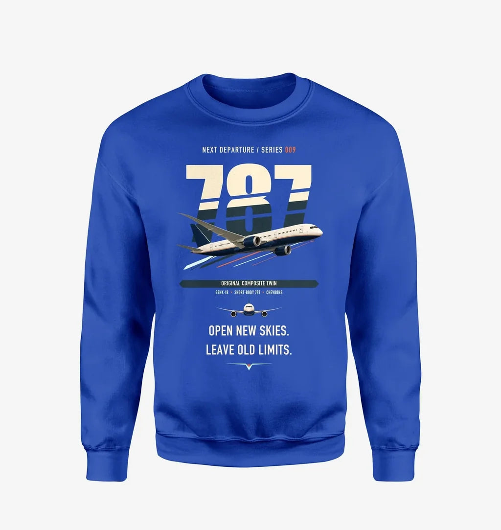 Boeing 787-8 Dreamliner design on blue sweatshirt