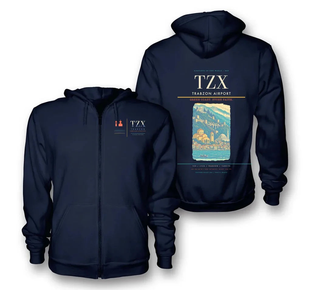 Trabzon Airport (TZX) design on navy blue premium zipped hoodie