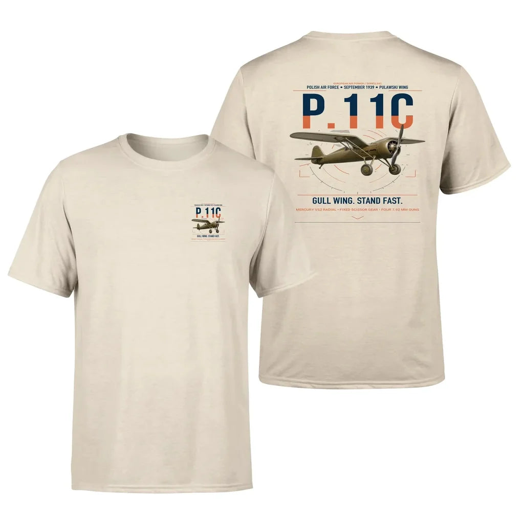 PZL P.11c design on beige t-shirt, double-side print