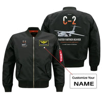 Thumbnail for Kawasaki C-2 design on black+name bomber jacket, double-side print