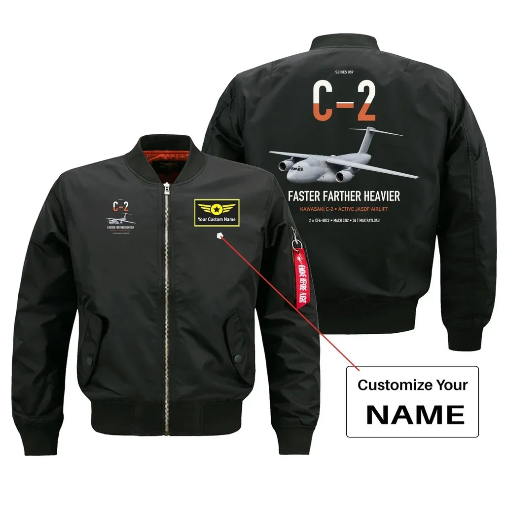 Kawasaki C-2 design on black+name bomber jacket, double-side print