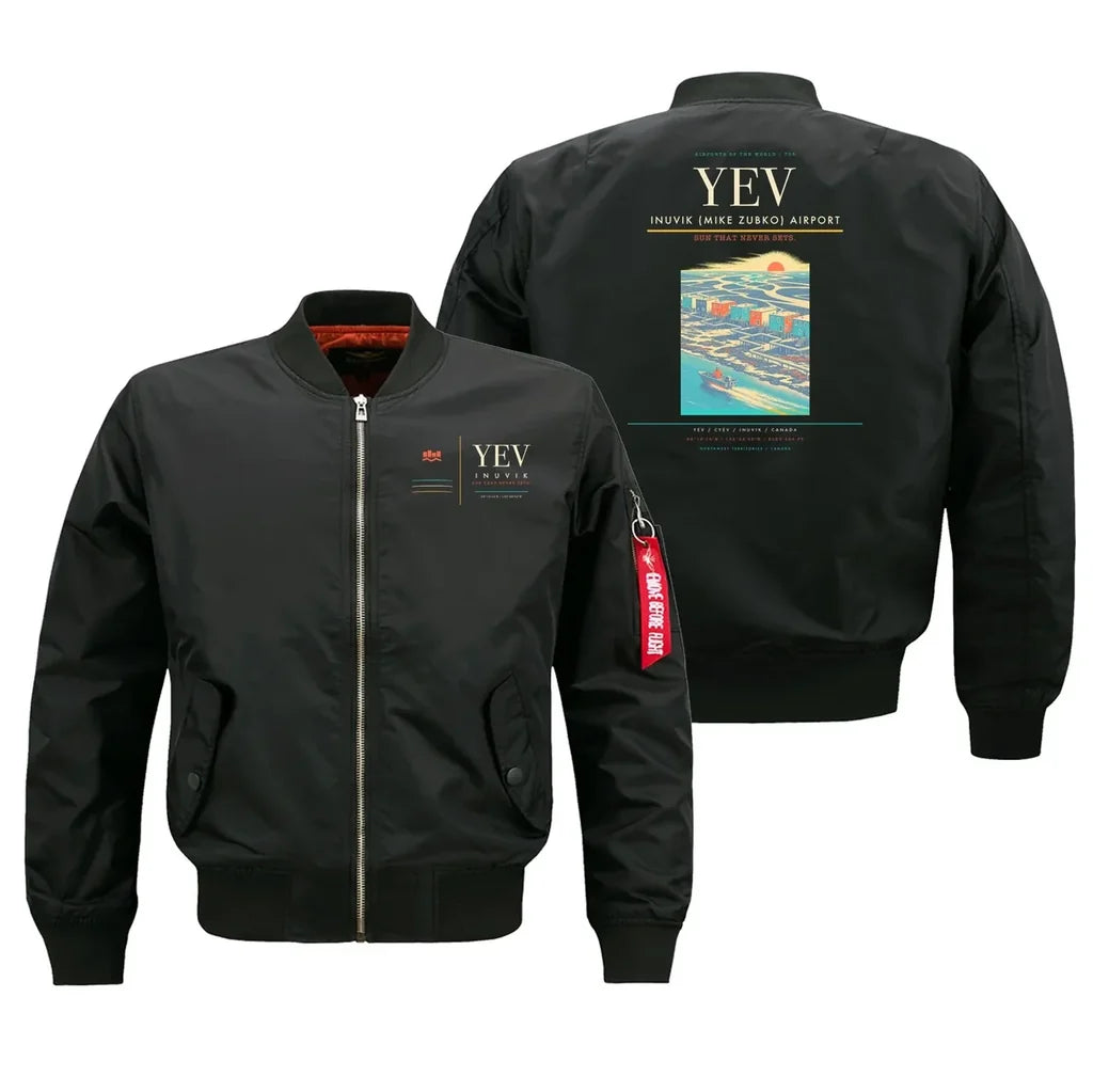 Inuvik (Mike Zubko) Airport (YEV) design on black bomber jacket