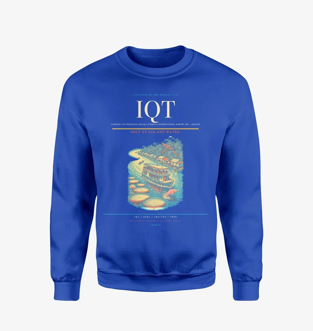 Coronel FAP Francisco Secada Vignetta International Airport (IQT) design on blue sweatshirt