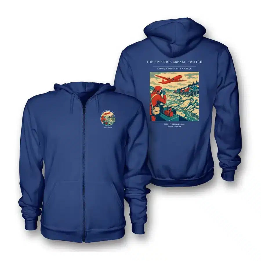 VINTAGE G4491 - The River Ice Breakup Watch - Premium Zipped Hoodie design on blue