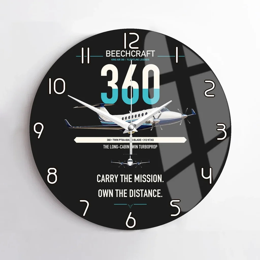 Beechcraft King Air 360 design on black no frame wall clock