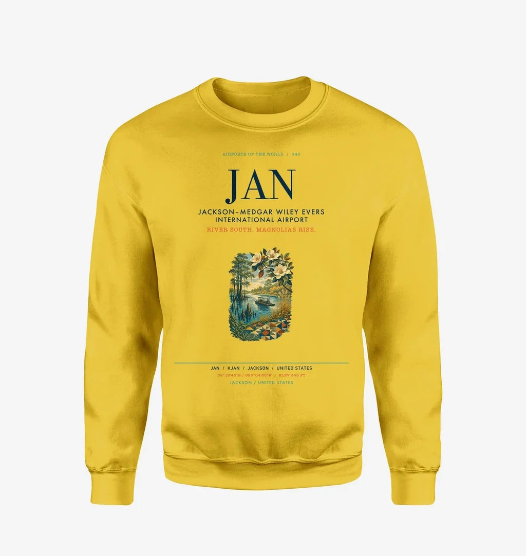 Jackson–Medgar Wiley Evers International Airport (JAN) design on yellow sweatshirt