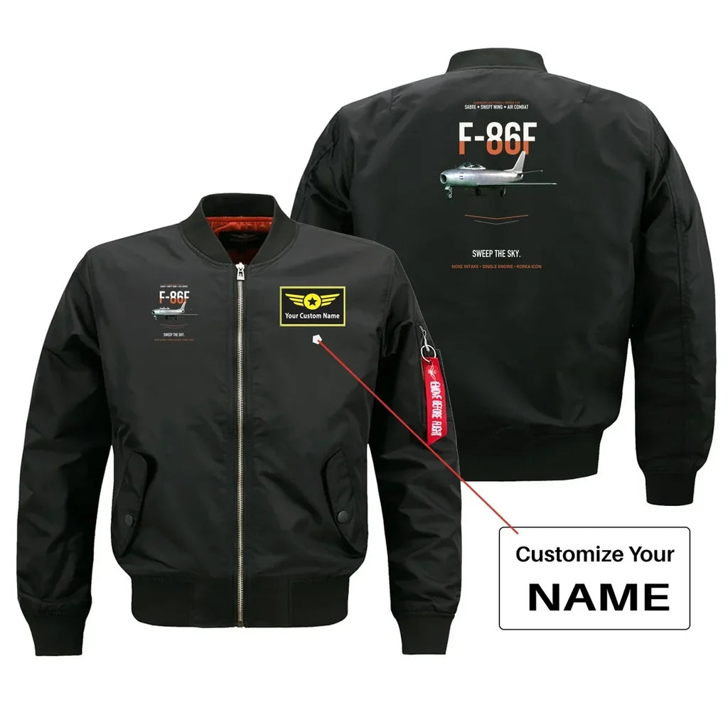 F-86F SABRE design on black bomber with custom name badge