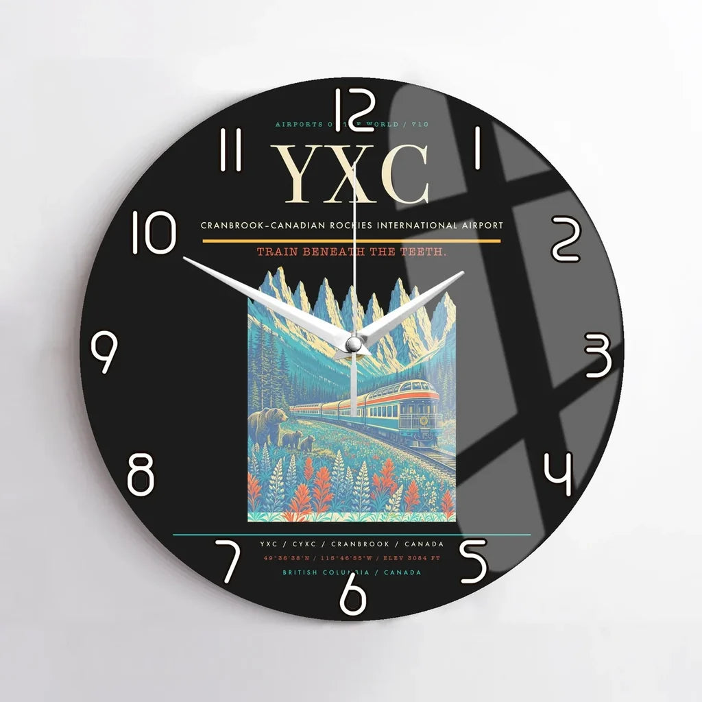 Cranbrook–Canadian Rockies International Airport (YXC) design on black no frame wall clock
