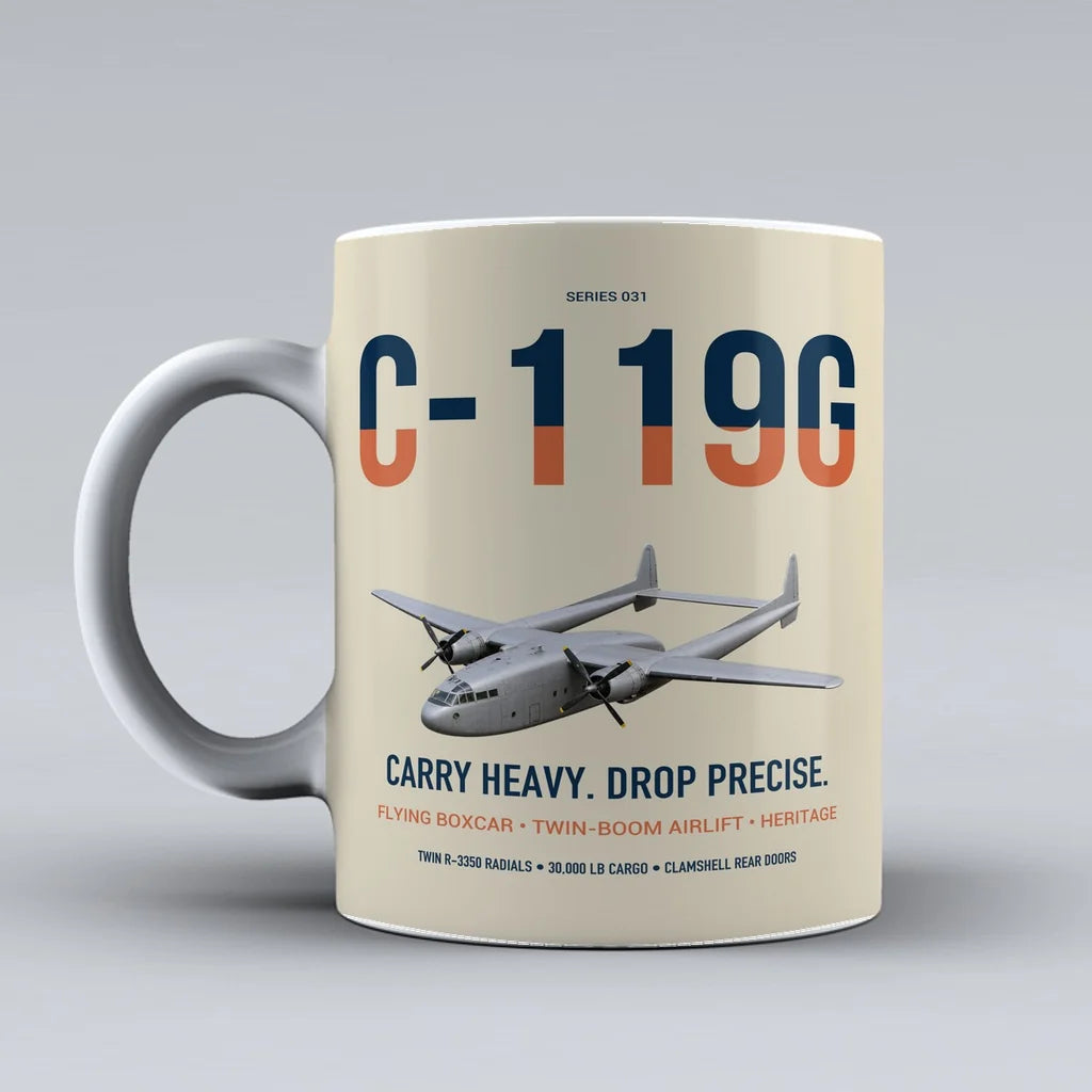 C-119G Flying Boxcar design on beige ceramic mug, double-side print