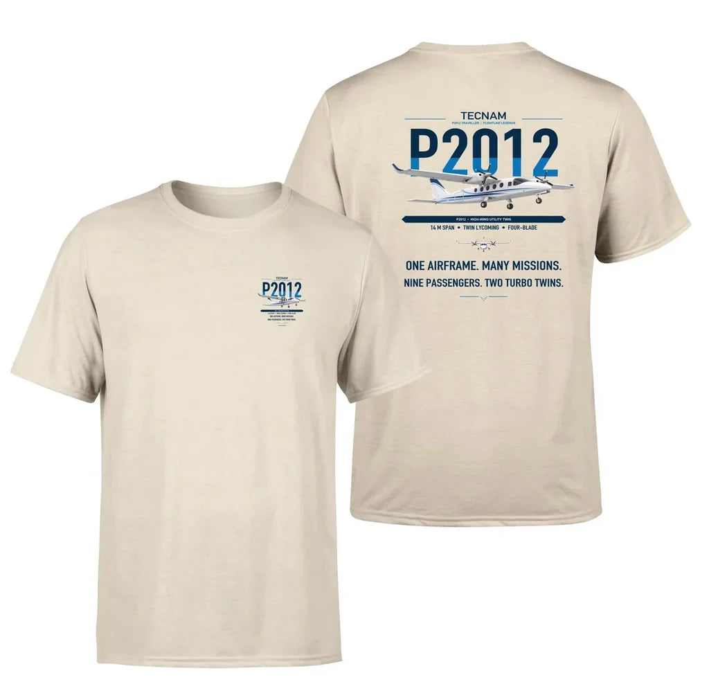 Tecnam P2012 Traveller design on beige t-shirt, double-side print