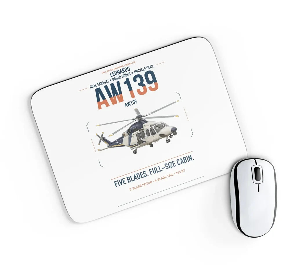 Leonardo AW139 design on white rectangle mouse pad