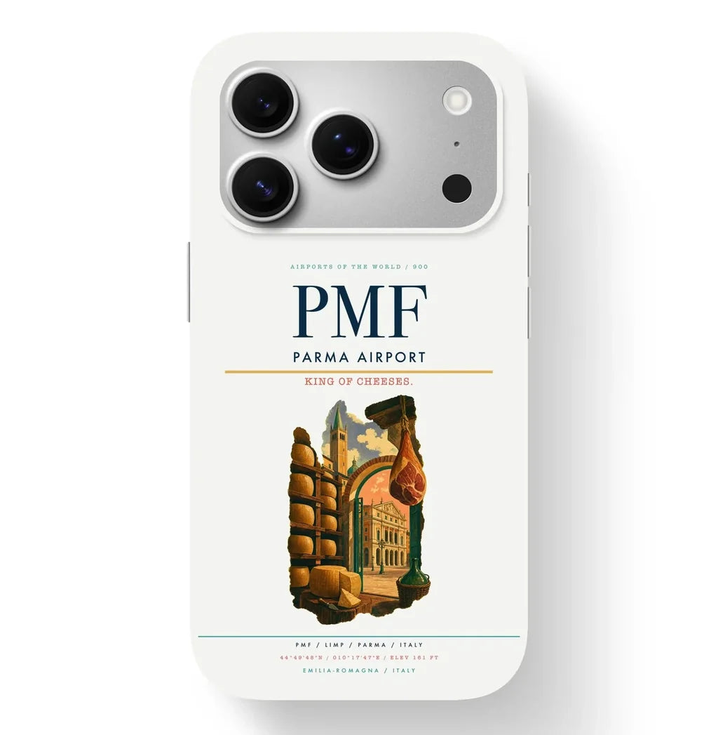 Parma Airport (PMF) design on white iPhone 17 Pro MagSafe case