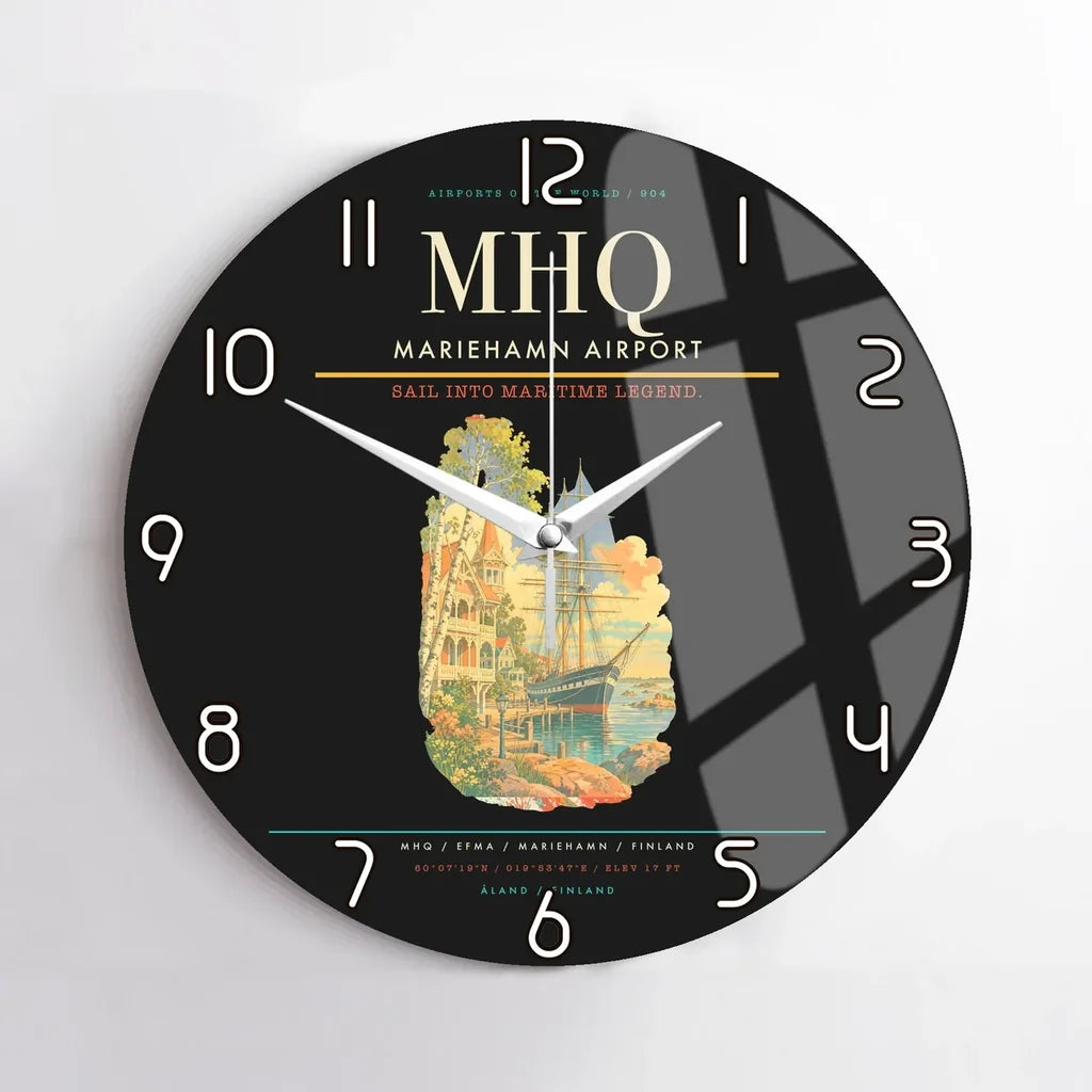 Mariehamn Airport (MHQ) design on black no frame wall clock