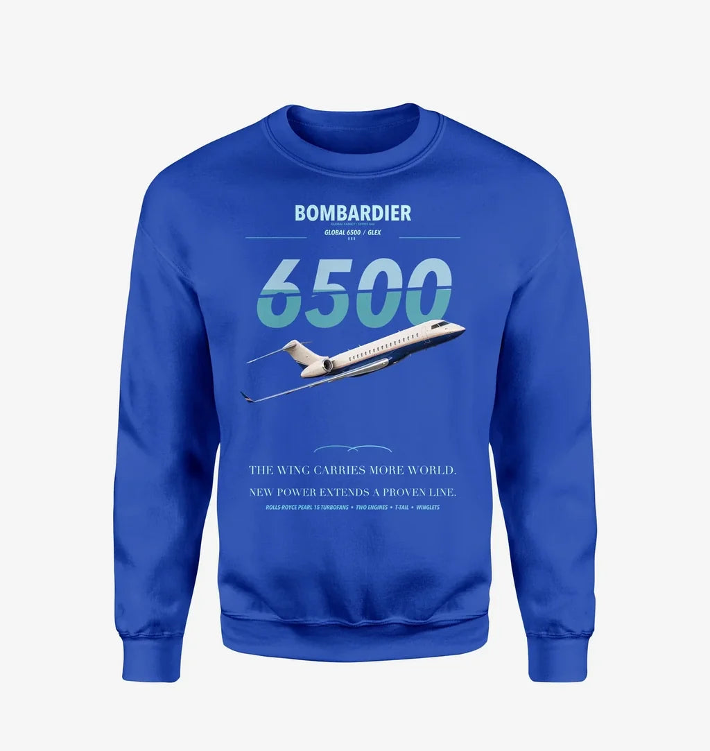 Bombardier Global 6500 design on blue sweatshirt
