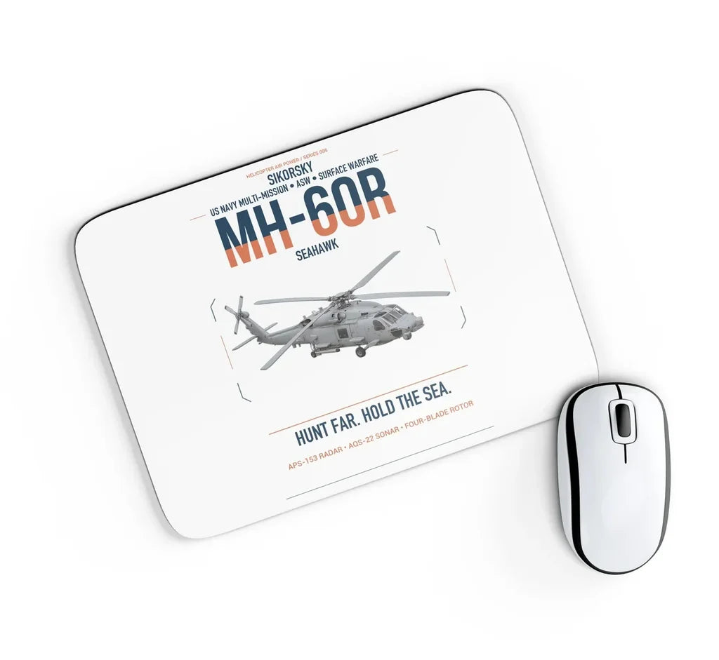 Sikorsky MH-60R Seahawk design on white rectangle mouse pad