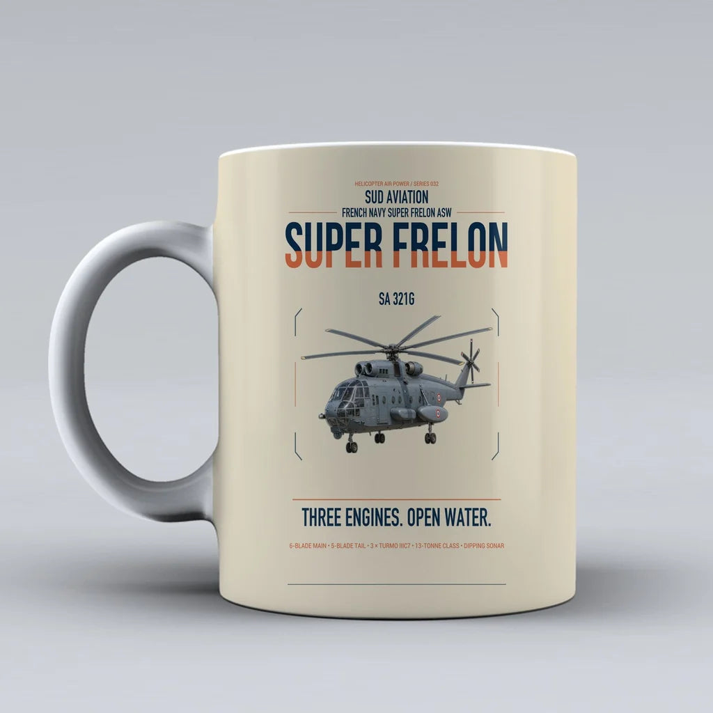 Sud Aviation SA 321G Super Frelon design on beige ceramic mug, double-side print