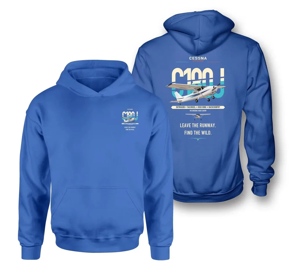 Cessna 180J Skywagon design on blue double-side hoodie, double-side print